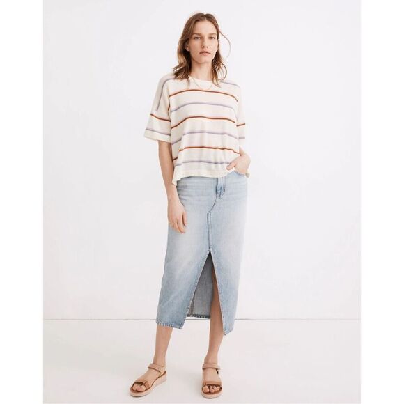 Madewell Heather Oatmeal Stripe Responsible Weightless Cashmere Sweater Tee MED - Picture 15 of 15